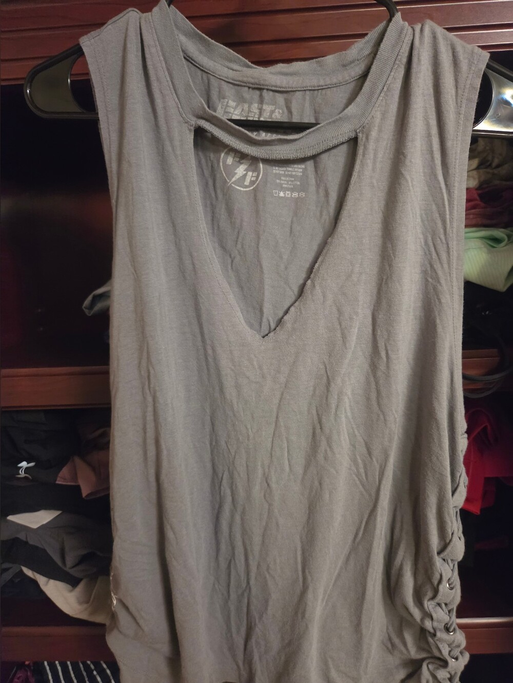 Women's Grey Sleeveless V-Neck Tank Top with Side Detail